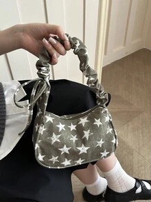 女款時尚蝴蝶結百褶星星手提肩背腋下包 - 橄欖綠 - 查看 3