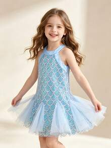 1 Stück Mädchen süß glamourös elegant süß Meerjungfrau Prinzessin glänzender Pailletten Muster Tüll Volant Rock rundhals ärmellos Kleid, Party Geburtstag Aufführung Feiertag Kostüm, geeignet für alle Jahreszeiten - Babyblau - Übersicht 1
