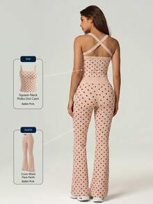 UONNOU 2pcs Polka Dot Square Neck Criss-Cross Back Camisole + Criss-Cross Waist Flare Pants Sports Set - Pink - View 11
