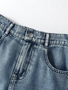 Tween Girl' 牛仔工裝街頭 Y2K 時尚百搭工裝口袋設計寬腿牛仔長褲 秋冬日常時尚穿搭 - 深色水洗藍 - 查看 5