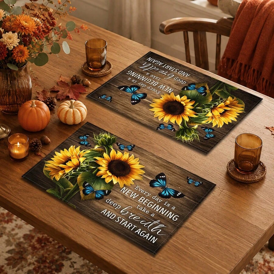 1pc Sunflower Blue Butterfly English Inspirational Quote Print Placemat, Vintage Wood Grain Rectangular Western Style Table Mat, Autumn Pastoral Country Style Table Decor, Kitchen Dining Room Home Desktop Decoration, Bowl Plate Cup Holder Mat - Multicolor - View 1
