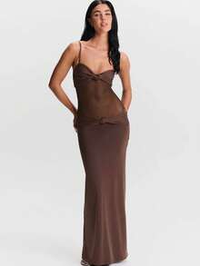 Vestido sin mangas de espalda baja ajustado con patchwork de malla para fiesta de verano elegante color marrón - Marrón - Ver 1