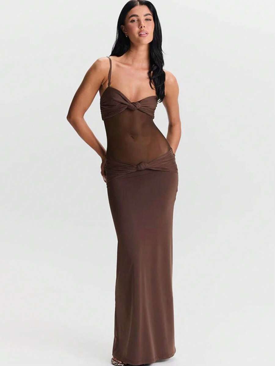 Vestido sin mangas de espalda baja ajustado con patchwork de malla para fiesta de verano elegante color marrón - Marrón - Ver 1