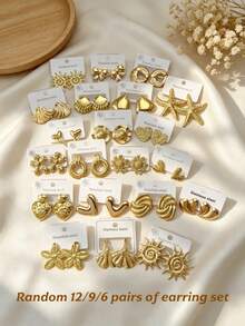24/18/12pcs Premium 304 Stainless Steel Earrings, Elegant Women's Earring Set, Includes Gold Heart, Oval, Triangle Stripe And Various Geometric Shape Studs, Multiple Styles, Hypoallergenic Earring Set, Versatile And Elegant, Perfect Gift Choice For Female Friends On Holidays. (24/18/12pcs Randomly Shipped) - Gold Multi-element - View 7