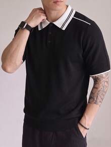 GRKC Men's Short Sleeve Knit Polo Shirt, Polo Collar Short Sleeve Knit Loose Straight Casual Short Sleeve Knit Polo, Spring/Summer Top - Black - View 2