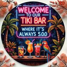 8 Inch Iron Decorative Sign With "Welcome To Our Tiki Bar, It's Always 5:00" Neon Light, Tropical Drink Illustration, Palm Tree And Parrot Design, Suitable For Bar, Home And More, Pre-Drilled Holes, Style As Shown In Size Chart - Multicolor - View 4