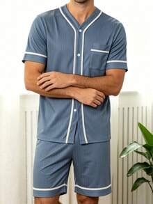 Men's Summer Thin V-Neck Cardigan Style Solid Color Pocket Short Sleeve & Shorts 2-Piece Pajama Set, Gentle Premium Comfortable Loungewear - Blue - View 3