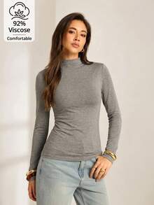 Women's Solid Color Mock Neck Long Sleeve T-Shirt, Slim Fit Elastic Slimming Top, Simple Versatile Daily Base Layer Casual - Dark Grey - View 4