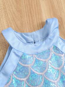 1 Stück Mädchen süß glamourös elegant süß Meerjungfrau Prinzessin glänzender Pailletten Muster Tüll Volant Rock rundhals ärmellos Kleid, Party Geburtstag Aufführung Feiertag Kostüm, geeignet für alle Jahreszeiten - Babyblau - Übersicht 4