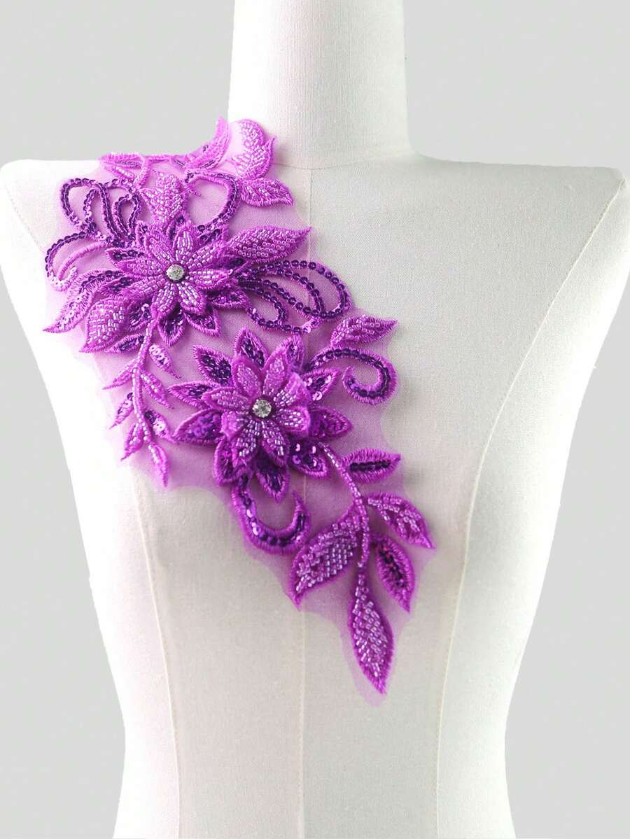 彩色3D刺繡貼花附珠飾與水鑽，婚紗配件，網紗蕾絲DIY表演服裝刺繡補丁，長度：31CM/寬度：16CM