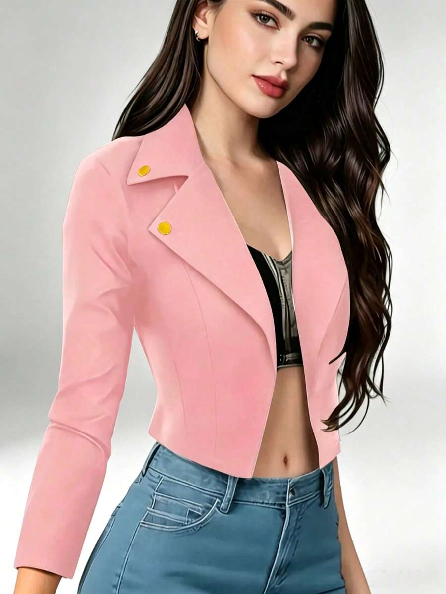 1 buah Jaket Blazer Rajut Pendek Wanita Elegan dan Modis untuk Perjalanan Sehari-hari dengan Kerah, Lengan Panjang, Bagian Depan Terbuka, dan Detail Kancing, Warna Pink untuk Musim Gugur - Berwarna merah muda - View 1