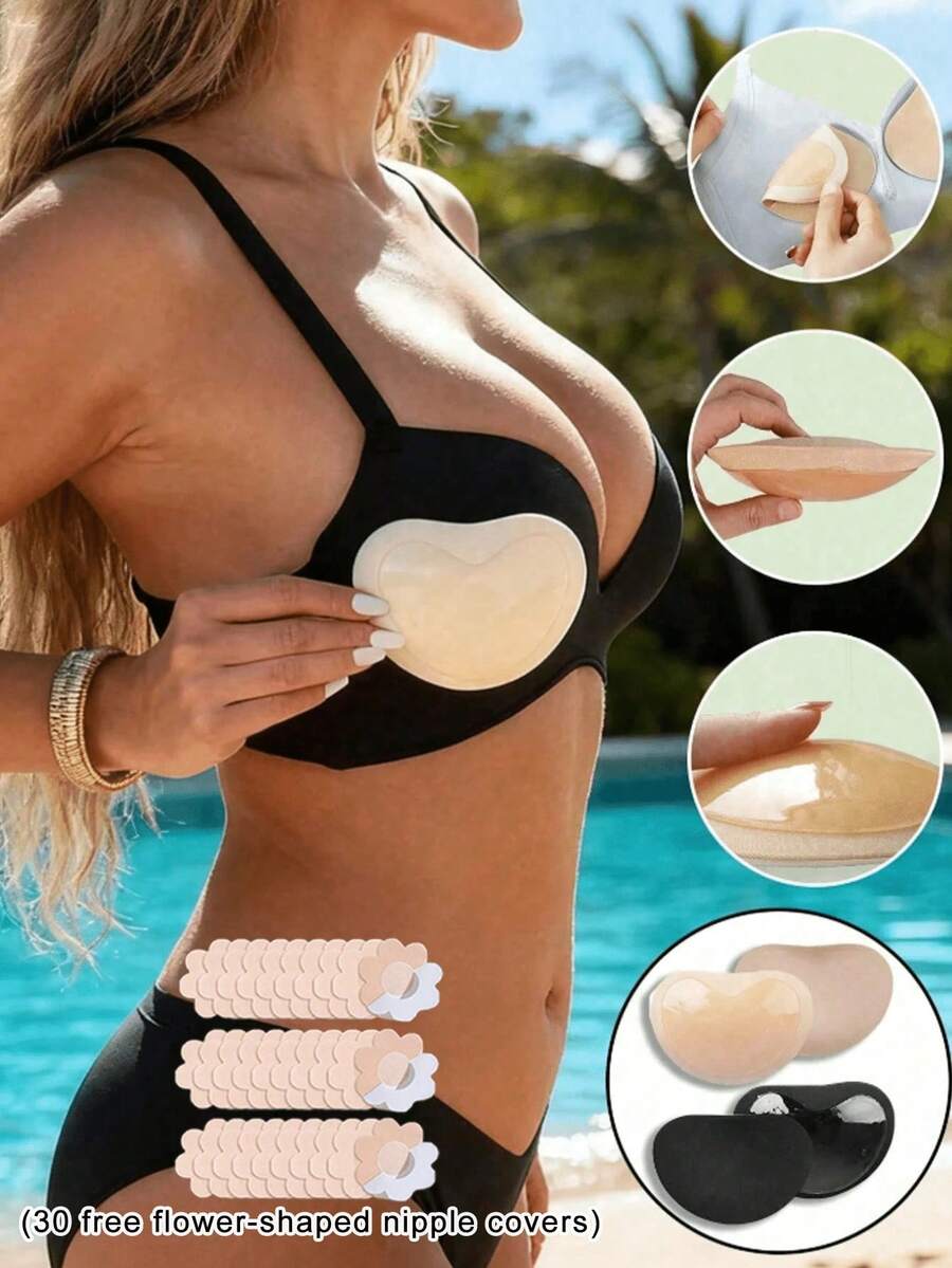 1 Set Heart-Shaped Push-Up Breast Pads (Includes 30pcs Nipple Covers), Create Rounded Breast Shape, Essential Travel Protection - Multicolor - View 1