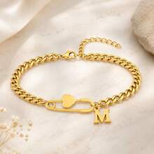 1pc Simple Classic Heart Pin Initial Gold Color Stainless Steel Cuban Chain Anklets For Women - Yellow Gold - View 3