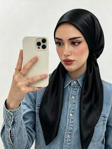 suzhichou 1pc Elegant Women's Elastic Satin Headscarf, Solid Color Printed Headwrap, Slouchy Satin Scarf, Versatile Hair Accessory For Beach, Daily Wear, Muslim Women - Black - View 3