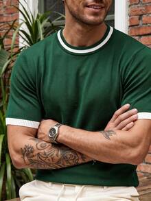 ALTZTAR Men's Round Neck Short Sleeve Solid Color Patchwork Minimalist Casual Knit Top - Green - View 3