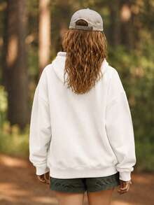 Women's White Basic Pullover Hooded Sweatshirt, Ribbed Cuffs, Long Sleeve, Mountain Forest Path Wander Daily Top - White - View 2