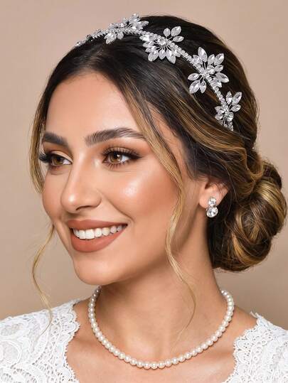 1pc Exquisite Rhinestone Decorated Bridal Hair Accessory Flower Shaped Handmade Headband Women's Hair Ornament Wedding Accessory