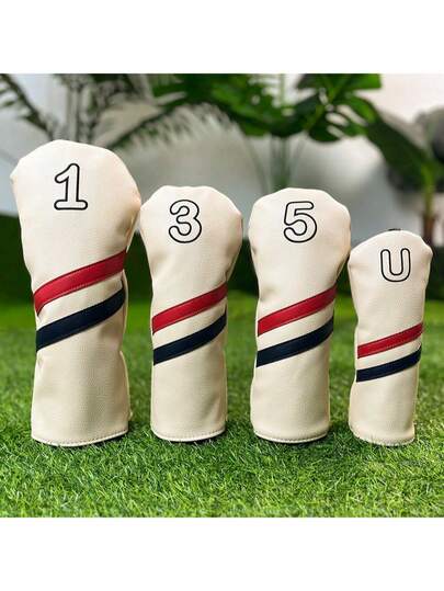 1PC Striped Number Embroidered Golf Club Head Covers, PU Material With Soft Inner Lining, Compatible With Driver, Fairway Wood & Hybrid Clubs, Stylish Wear-Resistant Unisex Golf Accessories, All-Around Protection For Golf Clubs