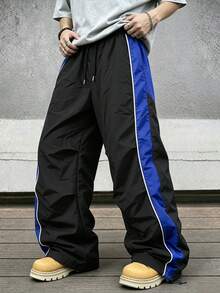 Men's Black Colorblock Sports Pants, Retro Casual Long Pants, Side Colorblock Detail And Drawstring Cuffs, Loose Fit, Suitable For Skateboarding And Weekend Casual Gatherings - Blue - View 1