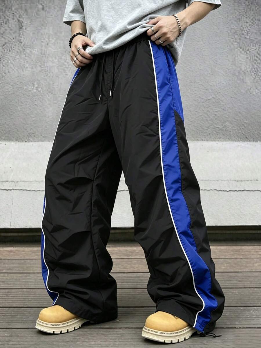 Men's Black Colorblock Sports Pants, Retro Casual Long Pants, Side Colorblock Detail And Drawstring Cuffs, Loose Fit, Suitable For Skateboarding And Weekend Casual Gatherings - Blue - View 1