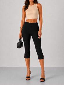 Women Solid High Waist Slim Fit Capri Pants - 黑色 - 查看 4