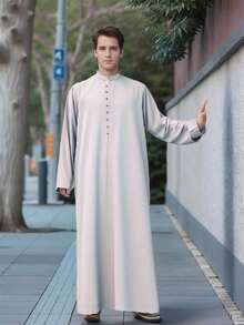 Arabic Men's Robe, Long Sleeve Stand Collar Arabic Robe - Light Grey - View 9
