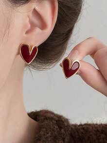 3 Pairs French Vintage Geometric Heart Enamel Stud Earrings Set, Suitable For Women's Daily Commute And Holiday Wear - Burgundy - View 9
