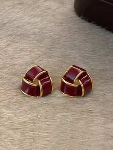 3 Pairs French Vintage Geometric Heart Enamel Stud Earrings Set, Suitable For Women's Daily Commute And Holiday Wear - Burgundy - View 6