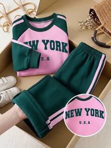Tween Girl Letter Print Crew Neck Long Sleeve Sweatshirt And Sweatpants Set - Pink - View 3