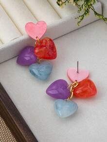 Pendientes Y2K de Acetato Marmoleado & Acrílico con Borla en Forma de Corazón 1 par, Pendientes Largos Colgantes de Corazón Multicolor Multicapa, Joyería Dulce de Chica Dopamina para Vacaciones - Multicolor - Ver 3