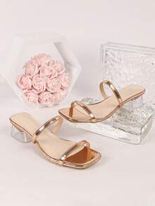 Gentle Style Solid Color Thong Sandals, Transparent Square Heel Open Toe Thin Strap Slippers, Versatile For Dresses - Champagne - View 2