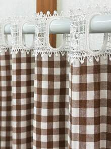 1Pc,White Perforated Lace Splicing American Country Retro Plaid Kitchen Half Curtains For Restaurant Cafe Windows Drapes Over Sink,Oven, Microwave, Curtain Decoration - Khaki - View 4