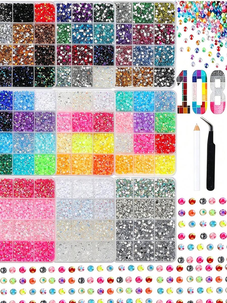 108pcs Random Mixed Color 3mm Colorful Rhinestones Nail Art Decoration, 3D Resin Flat Back Rhinestones With Tweezers Pen, Multi-Functional Nail Art Accessories For Nail Art, Clothing Fabric Decoration DIY Nail Charms - Multicolor - View 1
