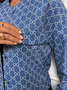 Women's Patterned Woven Fabric Jacket, Baseball Collar Long Sleeve Regular Fit, Button Decor, Casual Wear - Blue - View 10