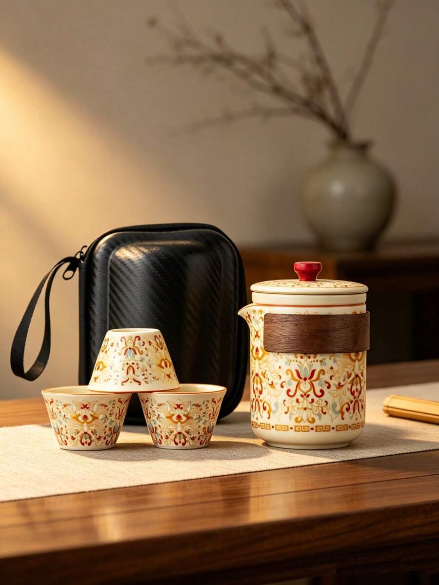 1 Set Portable Ceramic Travel Tea Set, Vintage Floral Chinese Style Teapot With 3 Tea Cups, Includes Waterproof Zipper Storage Bag, Heat-Insulated Quick-Brew Tea Set, Multi-Purpose Drinkware, Suitable For Camping, Home, Office, Holiday Gift - Multicolor - View 1