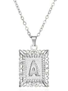 1pc Square Capital Letter Necklace, Hollow Pendant Necklace Jewelry Accessory - Silver - View 5