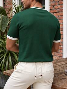 ALTZTAR Men's Round Neck Short Sleeve Solid Color Patchwork Minimalist Casual Knit Top - Green - View 2