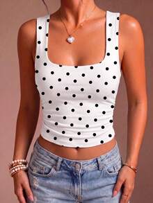 SDNGED Women's Solid Color Double Layer Pleated Square Neck Versatile Tank Top, Spring/Summer - Black and White - View 1