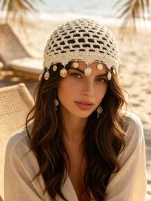 1PC Women Hollow Out Crochet Head Wrap With Seashell Metal Disc Knit Mesh Hair Turban,Bohemian Everyday Vacation Hair Hat For Travel Photoshoot Wear - Multicolor - View 1