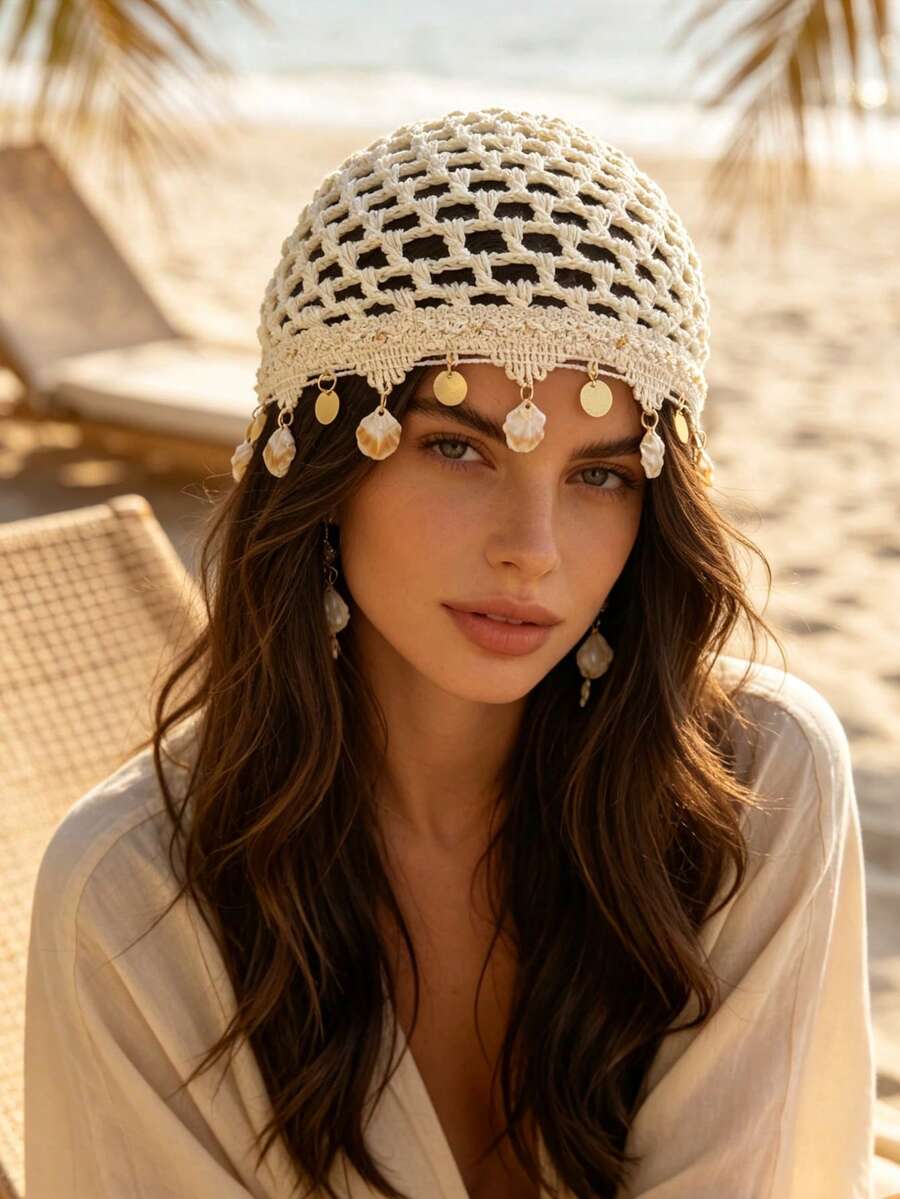 1PC Women Hollow Out Crochet Head Wrap With Seashell Metal Disc Knit Mesh Hair Turban,Bohemian Everyday Vacation Hair Hat For Travel Photoshoot Wear - Multicolor - View 1