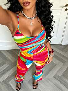 DVSLOE Women's Y2K Sexy Shiny Gradient Print Spaghetti Strap Jumpsuit, High Waist Flare Leg, Suitable For Summer Autumn Party, Night Street Photography And Beach Wear - Red - View 7