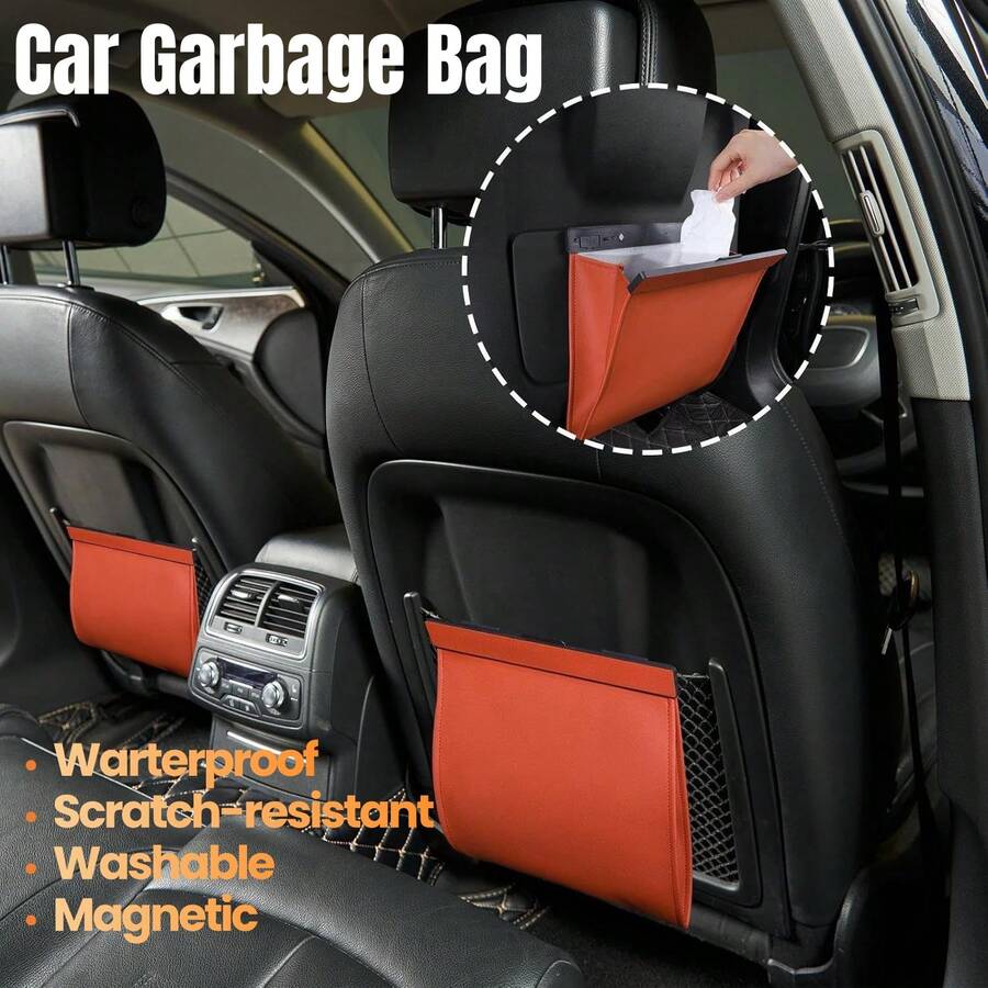 1/2PCS Kantong Sampah Mobil PU, Kantong Sampah Gantung Magnetik untuk Sandaran Kursi, Kantong Sampah Gantung Tahan Air, Tempat Sampah Lipat untuk Berkemah, Mengemudi Sendiri, Bepergian, Aksesori Mobil