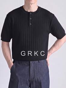 GRKC 男士短袖針織亨利領圓領寬鬆直筒休閒風亨利領針織T恤 春夏上衣 - 黑色 - 查看 4