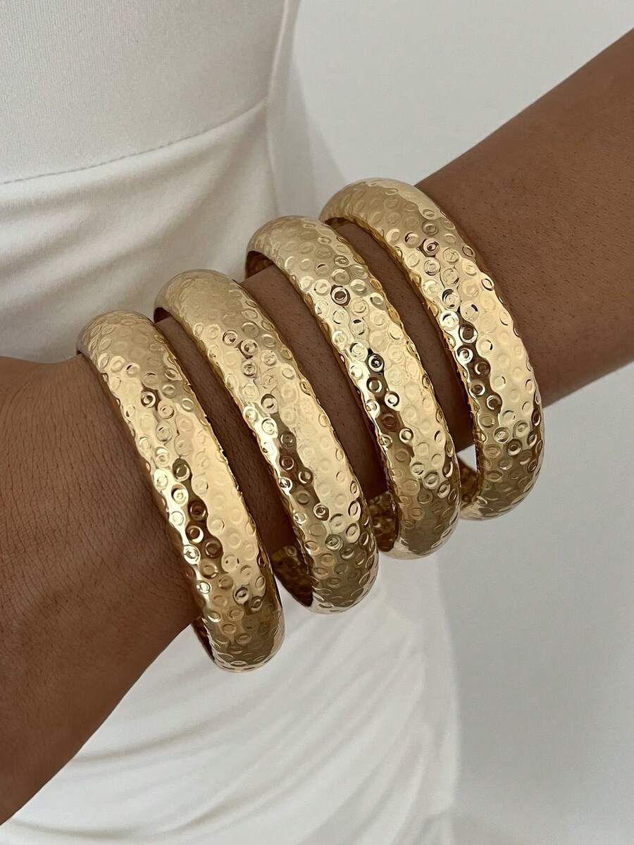 4pcs/Set Vintage Elegant Wide Plain Metal Cuff Bracelets, Suitable For Women's Daily, Party, Vacation And Multiple Occasions, Gift - Gold - View 1