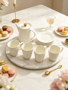 White Vertical Striped Ceramic Tea Set, Includes One Pot, Four Cups And Saucers, Smooth Ceramic Easy To Clean, Minimalist Solid Versatile Style, Suitable For Tea Room Display, Coffee Serving And Entertaining Relatives And Friends For Afternoon Tea. - Multicolor - View 2