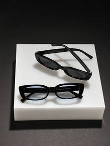 2pcs/Set Men's Narrow Frame Rectangular Fashion Glasses, PC Material Black Lightweight Frame With Solid Color Lenses, Suitable For Daily Commute, Comes With Glasses Case - Multicolor - View 4