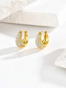 1 Pair Full Rhinestone Teardrop Ear Cuffs, Hypoallergenic Stainless Steel 18K Gold Plated, Niche Fashion High-End Zirconia Inlaid Ear Hoops, Light Luxury Sparkling Diamond Minimalist Style, Versatile Commuter Elegant Earrings, Suitable For Dating, Vacation, Gift-Giving Accessories - Earrings - View 5