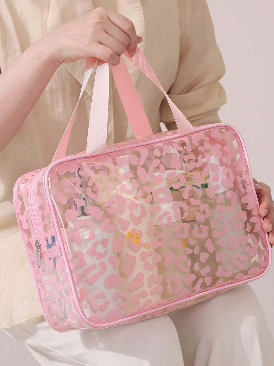 1/3pcs Transparent Zipper Travel Toiletry Bag, Portable Large Capacity Travel Storage Makeup Bag, Neutral Multifunctional Pink Waterproof PVC Makeup Bag Set, Beach Bag, Vacation Essentials, Lightweight Storage, Durable And Fashionable, Suitable For Home Use - Pink Leopard Print - View 1
