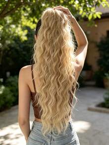 28-Inch Long Wavy Synthetic Ponytail Hair Extension, Gold Color, Claw Clip Design, Suitable For Girls And Women Daily Wear - Beige - View 3