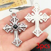 3/6pcs Large Gothic Cross Charms Vintage Filigree Flame Cross Pendants With Rhinestone For DIY Punk Bracelet Necklace Jewelry Making Findings - Silver - View 14
